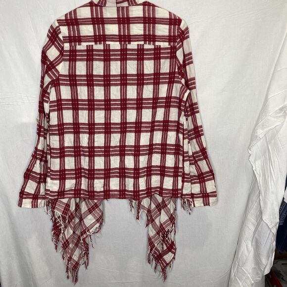 ORANGE CREEK Cardigan Plaid Fringe Open Front Long Sleeve Womens M L Red White - Picture 2 of 11